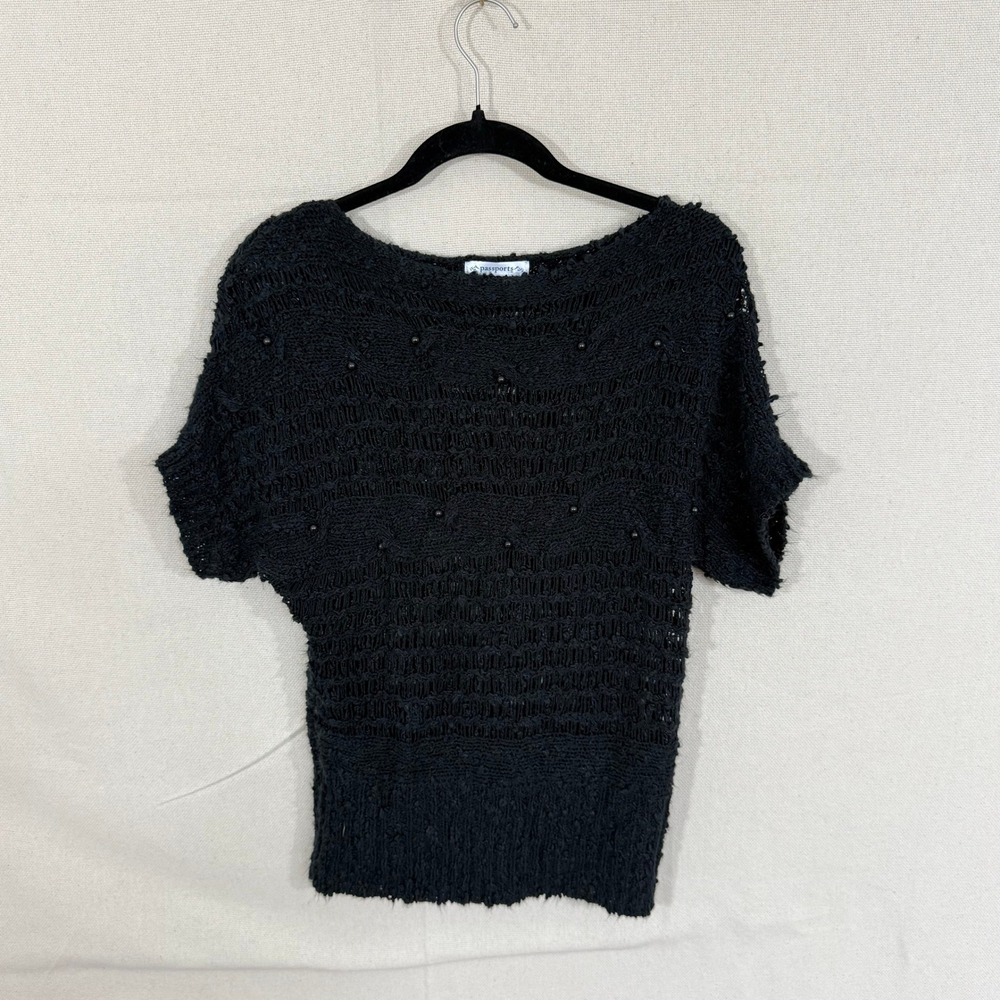 Passport Women Black Beaded Open Knit Cotton Short Sleeve Sweater Top Size S 4-6